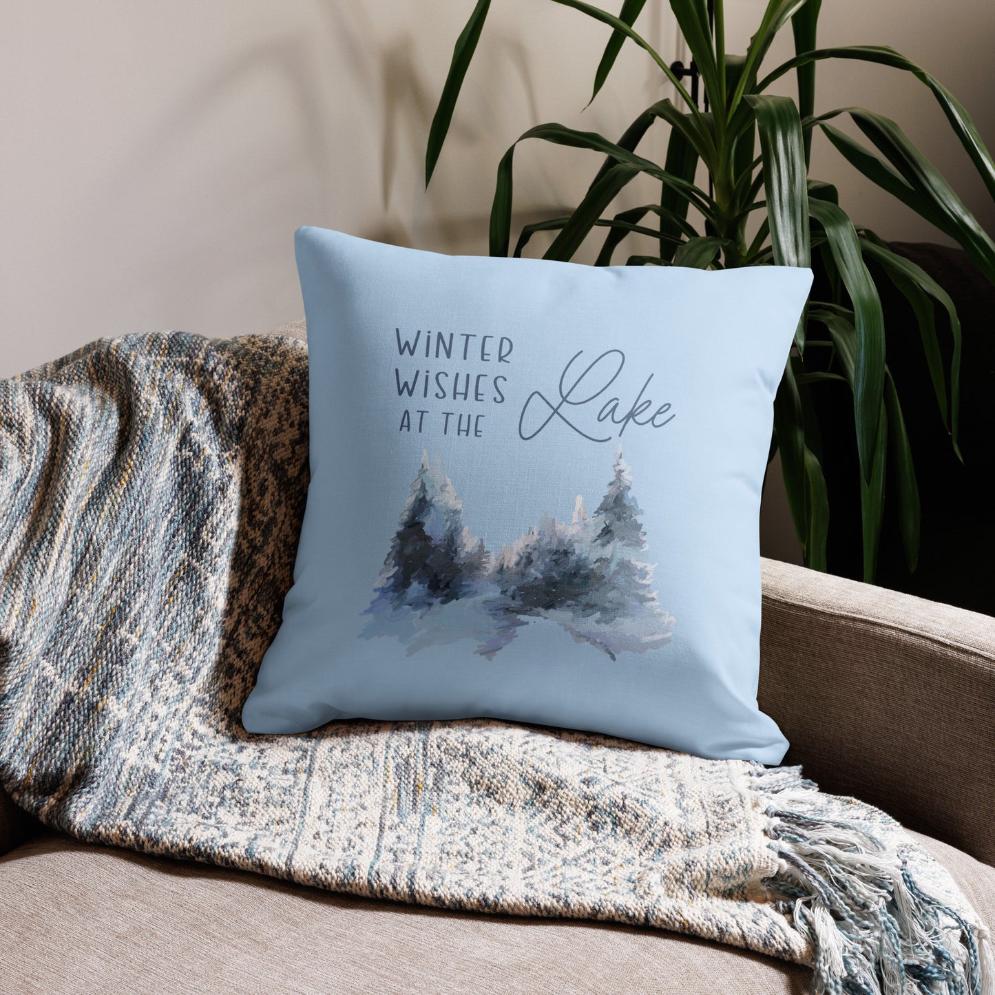 Holiday Pillow, Christmas Pillow, Winter Wishes at the Lake (lt blue)