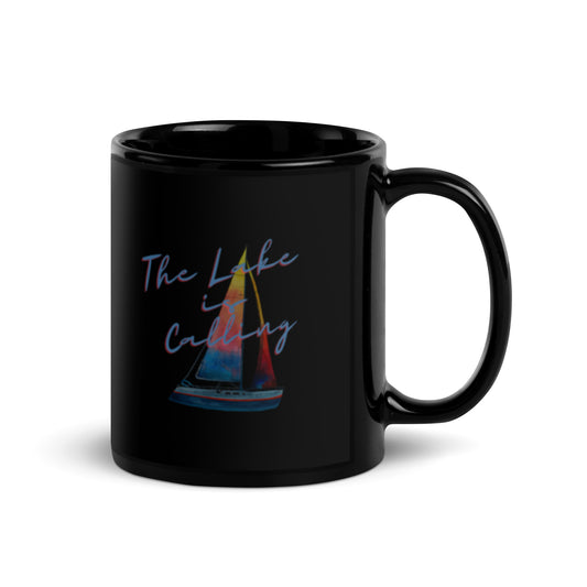 Black Glossy Mug - The Lake is Calling Sailboat 2