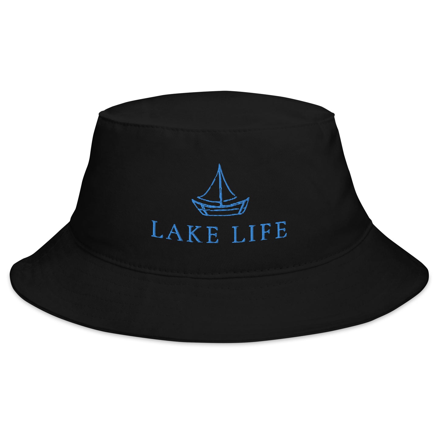 Lake Life Sailboat Bucket Hat, featuring a simple sailboat drawing in blue accompanied by the words Lake Life below the design