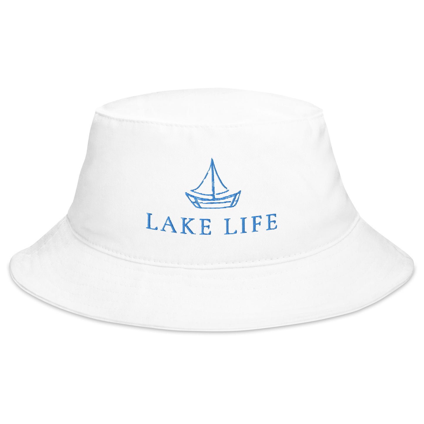 Lake Life Sailboat Bucket Hat, featuring a simple sailboat drawing in blue accompanied by the words Lake Life below the design