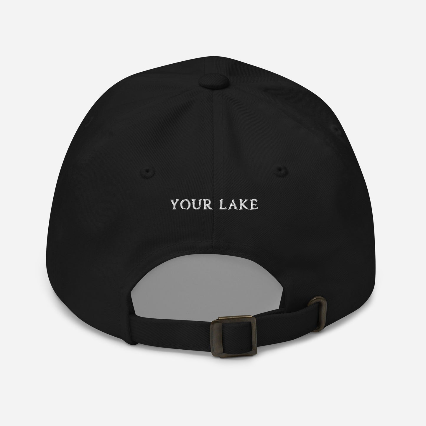 Customizable Sailboat on the Water Dad hat in blue and grey, the back is personalized with your lake!