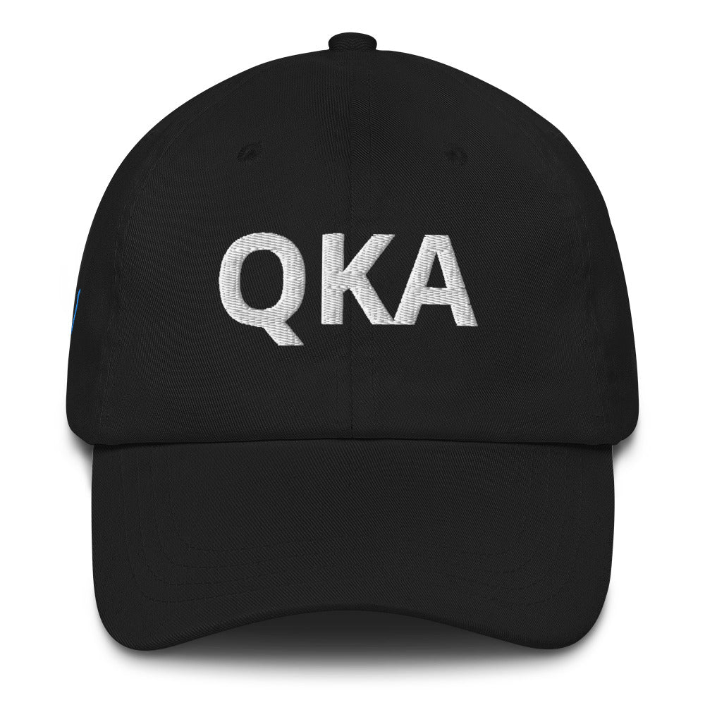 QKA Dad hat with the shape of Keuka lake embroidered on right side of hat