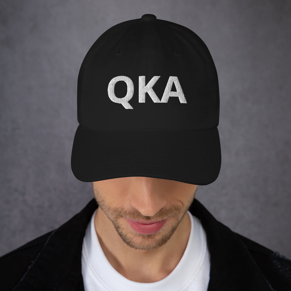 QKA Dad hat with the shape of Keuka lake embroidered on right side of hat