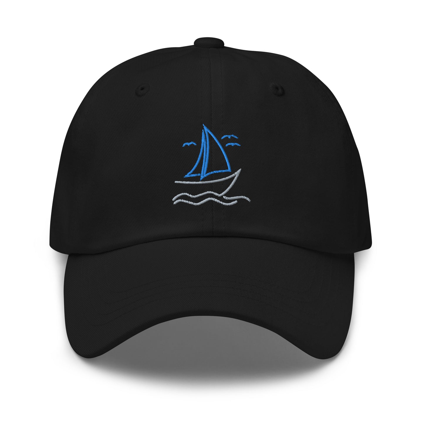 Customizable Sailboat on the Water Dad hat in blue and grey, the back is personalized with your lake!