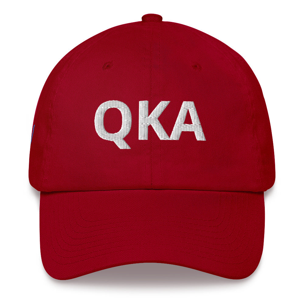 QKA Dad hat with the shape of Keuka lake embroidered on right side of hat