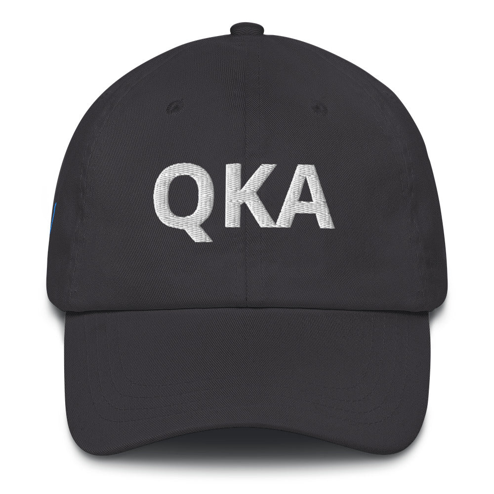 QKA Dad hat with the shape of Keuka lake embroidered on right side of hat