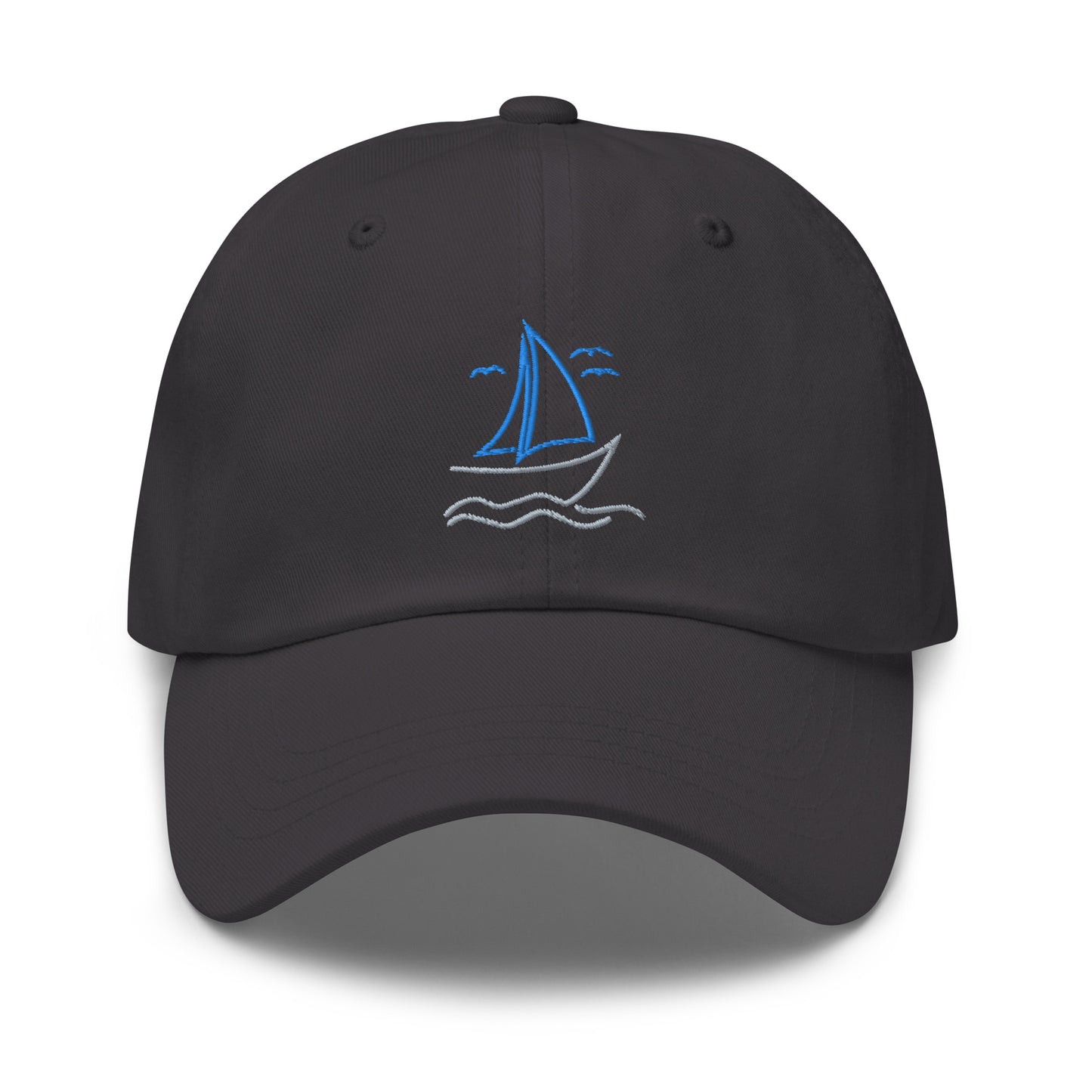 Customizable Sailboat on the Water Dad hat in blue and grey, the back is personalized with your lake!