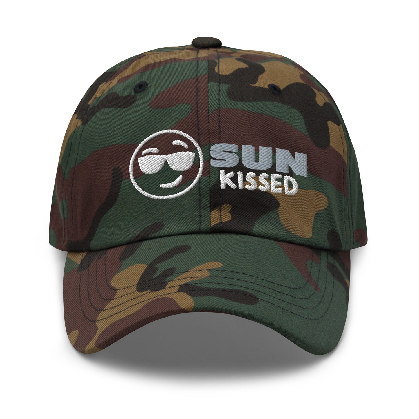 Sun Kissed Dad Hat, featuring an embroidered emoji face wearing sunglasses with grey and white lettering to the right of the design