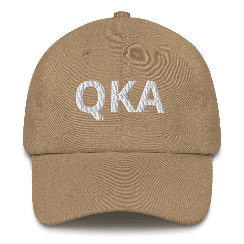 QKA Dad hat with the shape of Keuka lake embroidered on right side of hat