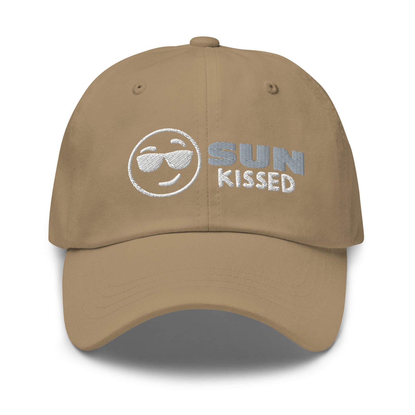 Sun Kissed Dad Hat, featuring an embroidered emoji face wearing sunglasses with grey and white lettering to the right of the design