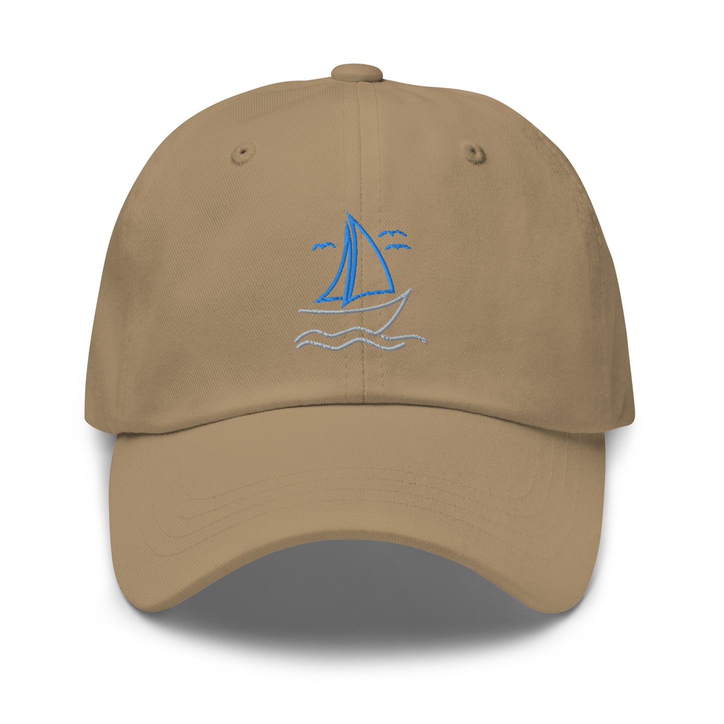 Customizable Sailboat on the Water Dad hat in blue and grey, the back is personalized with your lake!