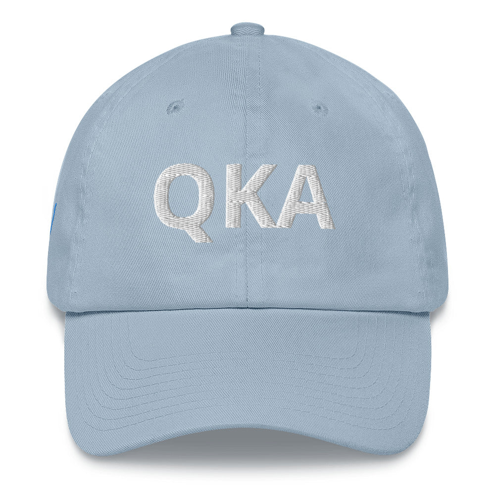 QKA Dad hat with the shape of Keuka lake embroidered on right side of hat