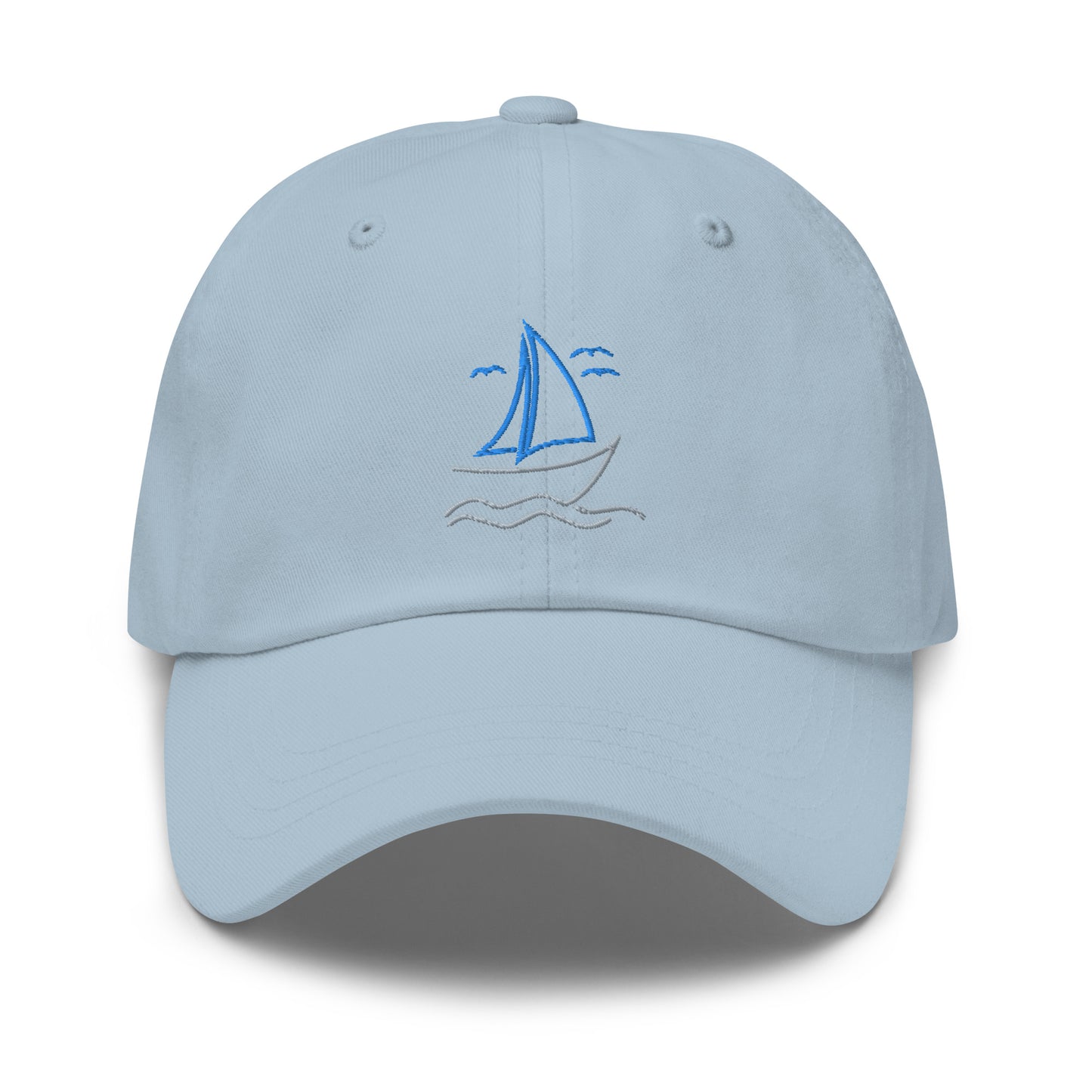 Customizable Sailboat on the Water Dad hat in blue and grey, the back is personalized with your lake!