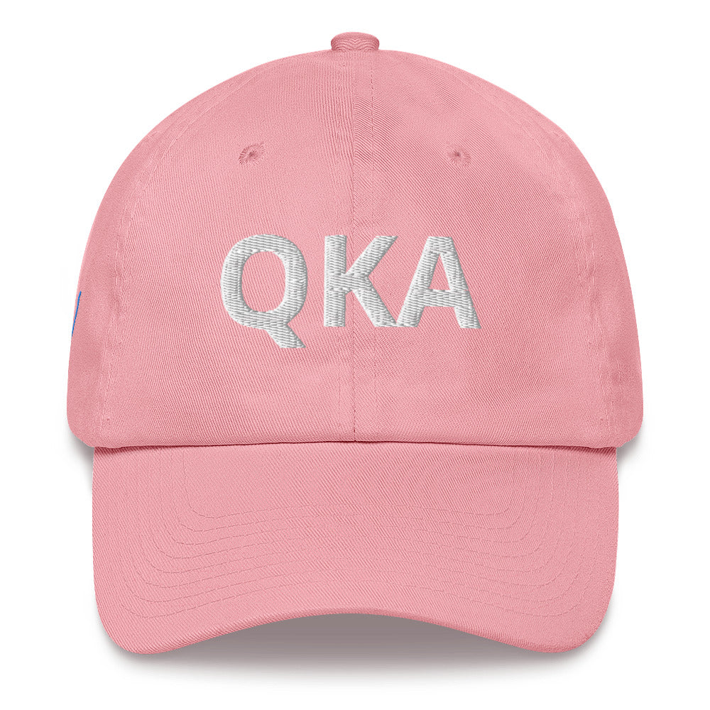 QKA Dad hat with the shape of Keuka lake embroidered on right side of hat