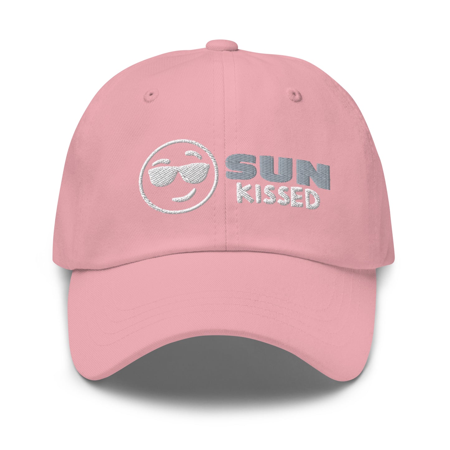 Sun Kissed Dad Hat, featuring an embroidered emoji face wearing sunglasses with grey and white lettering to the right of the design