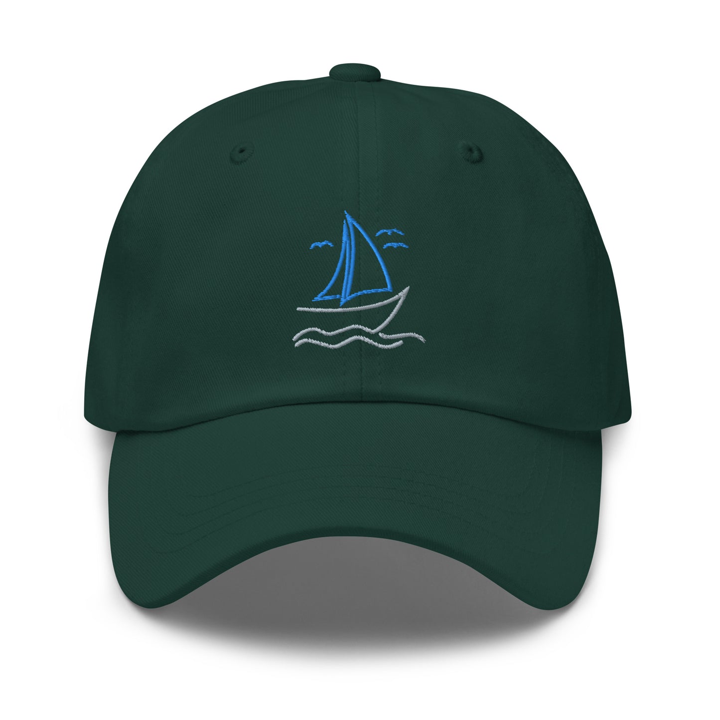 Customizable Sailboat on the Water Dad hat in blue and grey, the back is personalized with your lake!