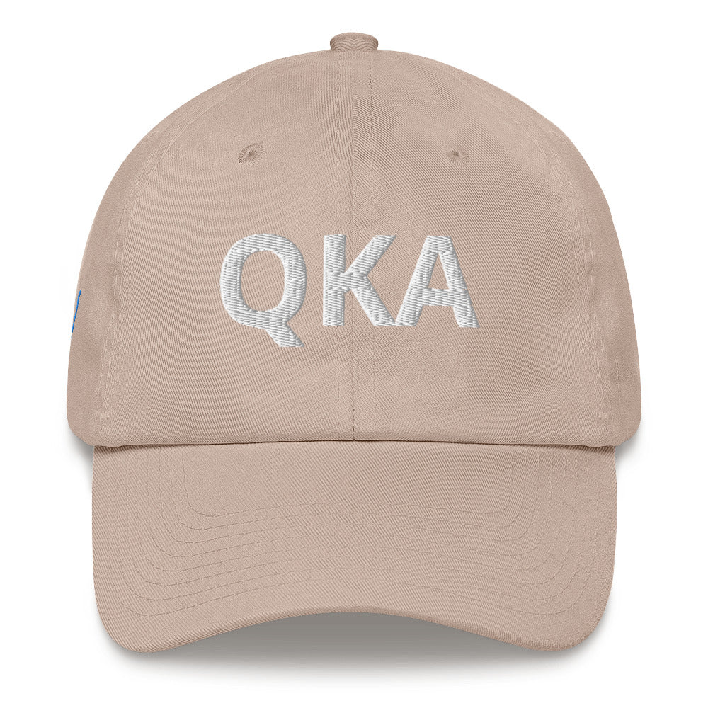 QKA Dad hat with the shape of Keuka lake embroidered on right side of hat