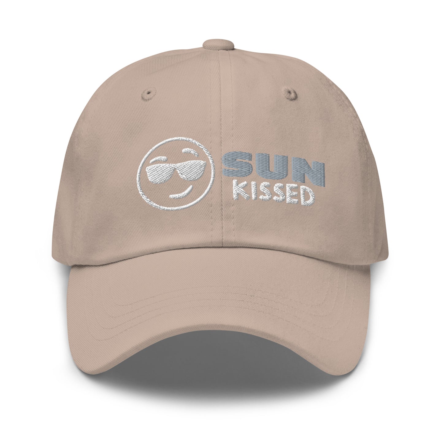 Sun Kissed Dad Hat, featuring an embroidered emoji face wearing sunglasses with grey and white lettering to the right of the design