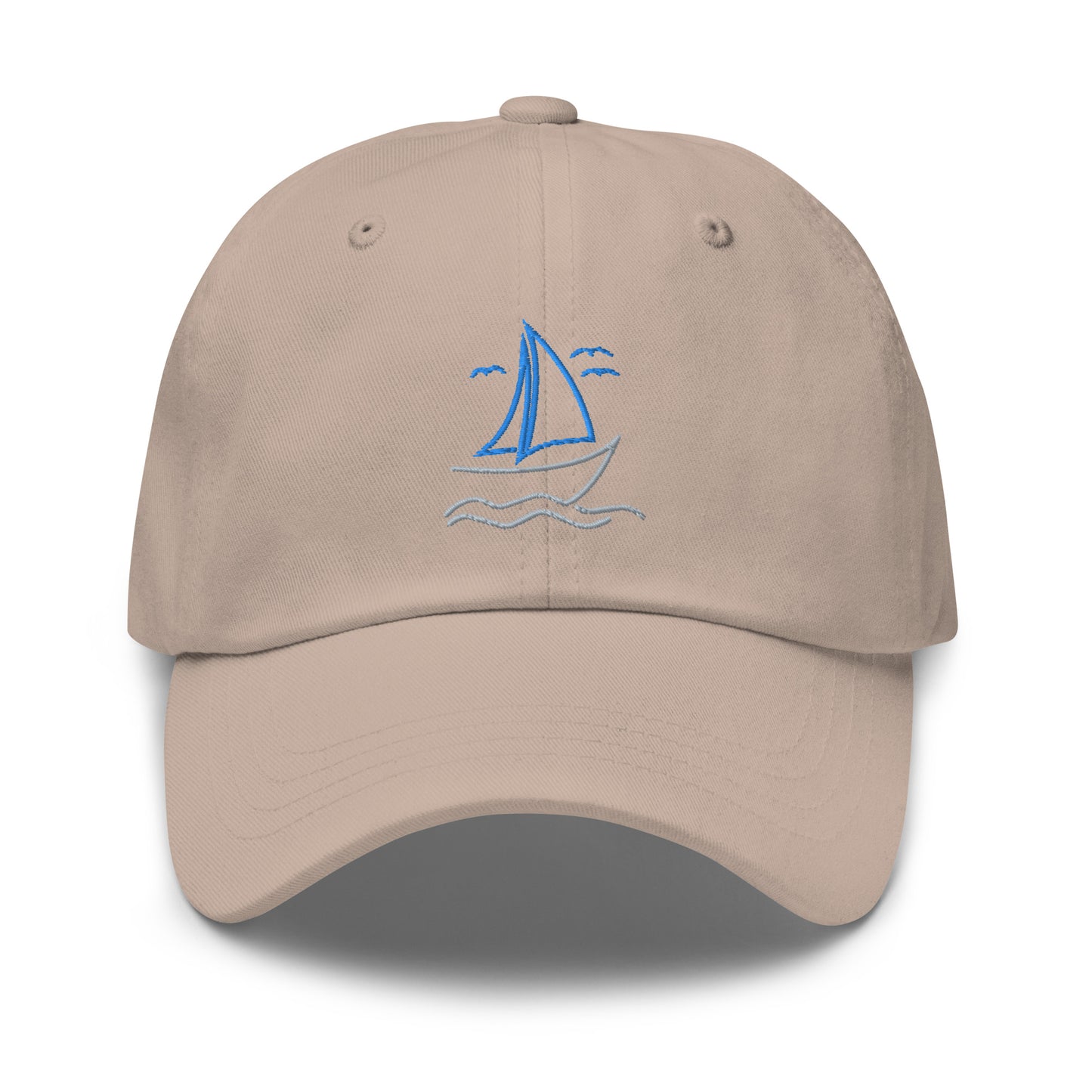 Customizable Sailboat on the Water Dad hat in blue and grey, the back is personalized with your lake!