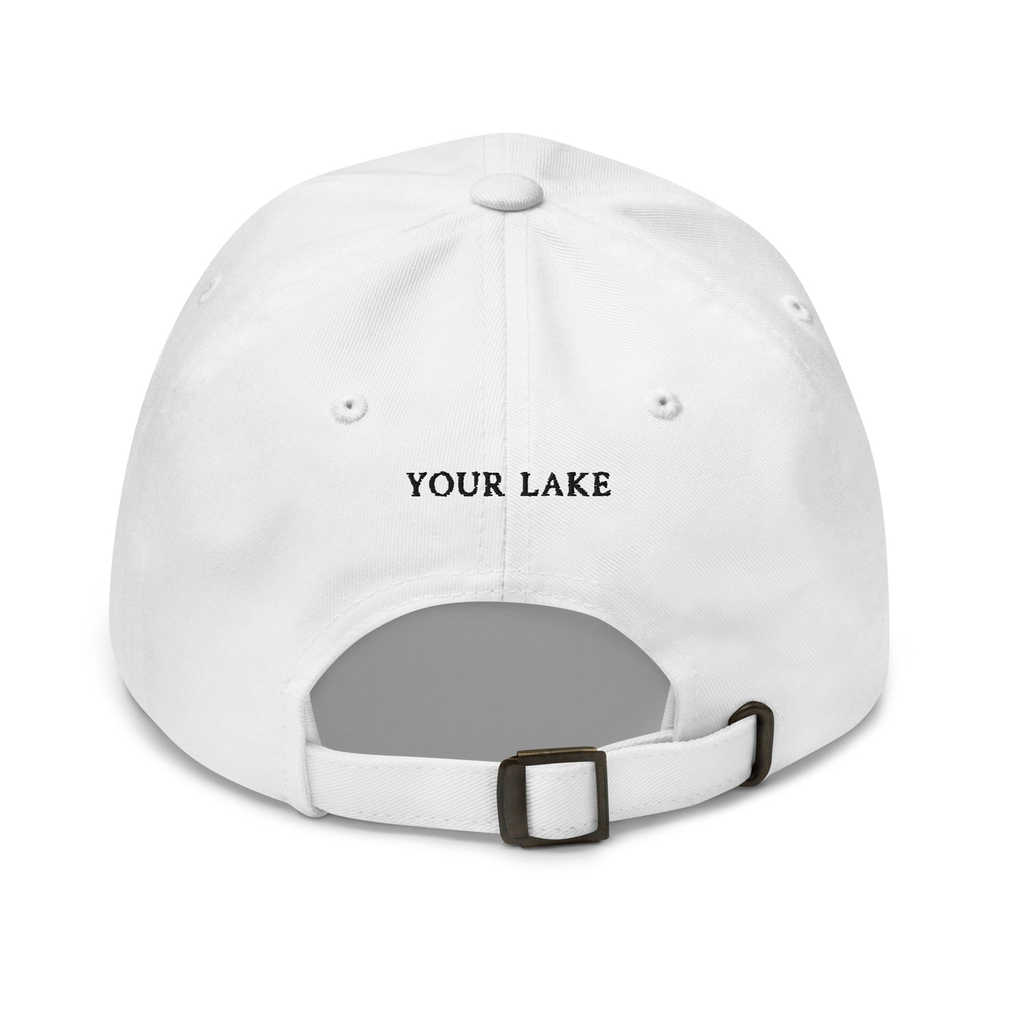 Customizable Sailboat on the Water Dad hat in blue and grey, the back is personalized with your lake!