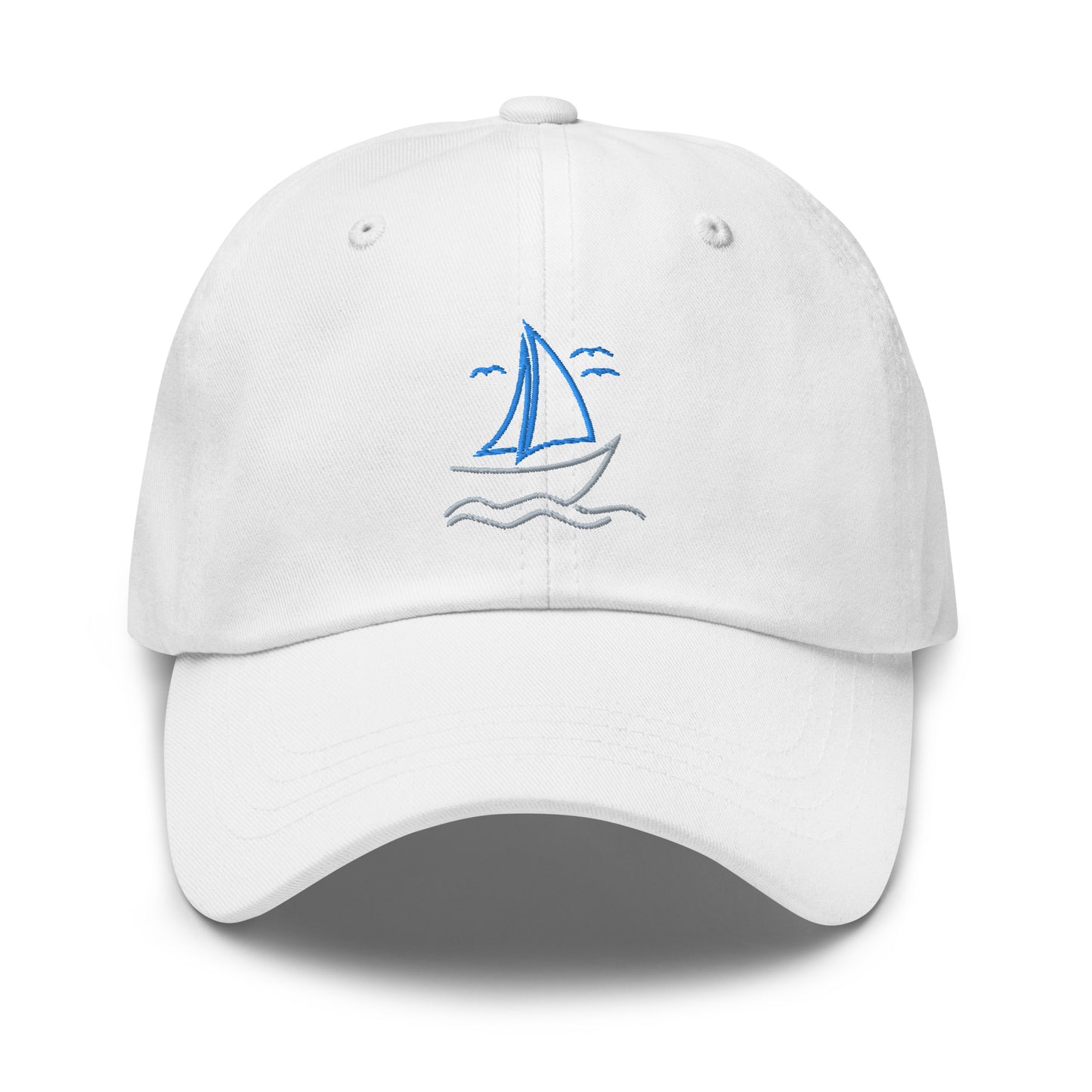 Customizable Sailboat on the Water Dad hat in blue and grey, the back is personalized with your lake!