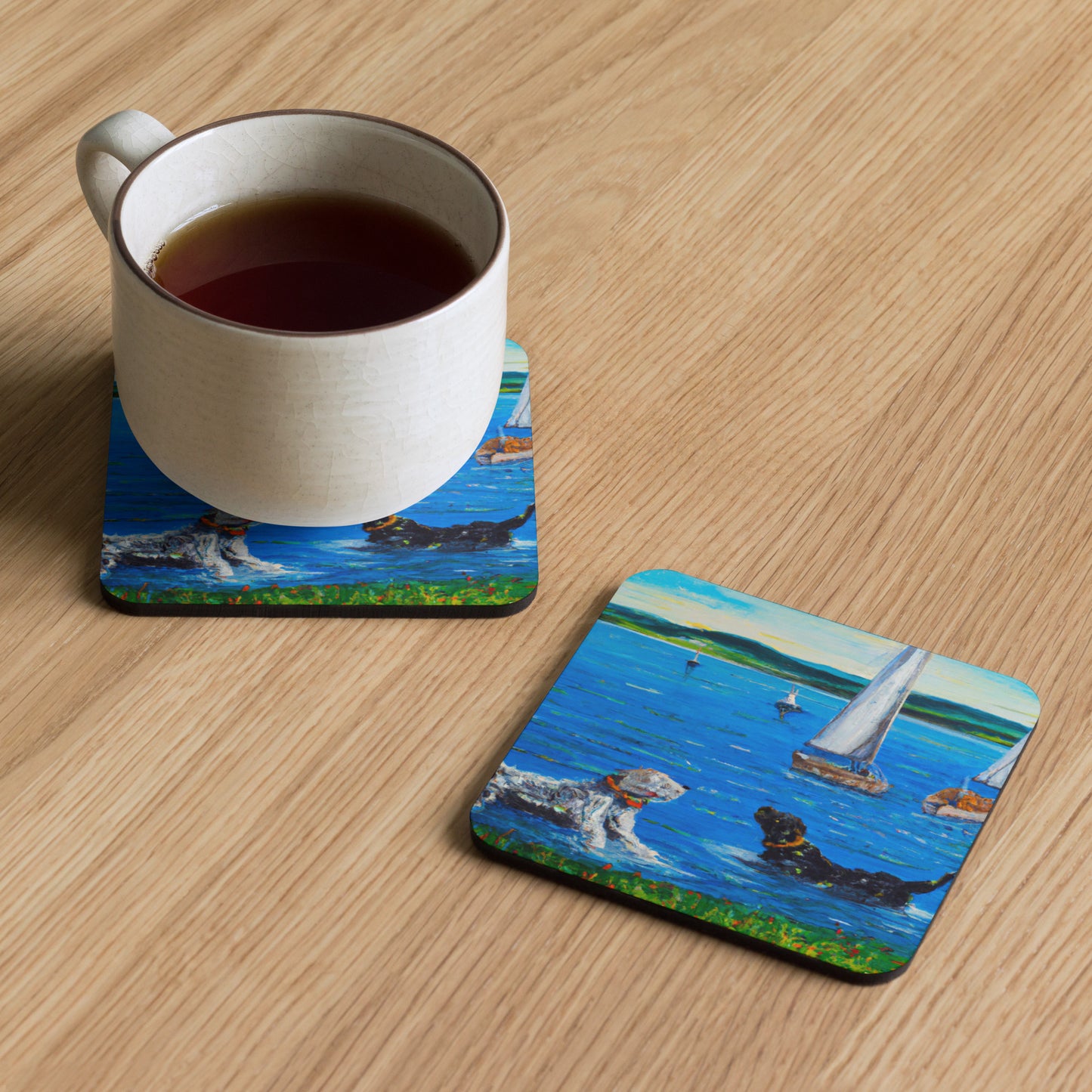 Cork-back coaster - Dogs and Sailboats