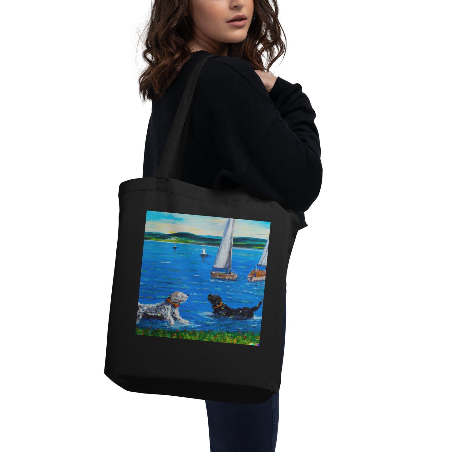 Eco Tote Bag - Honeoye Lake dogs & a sailboat