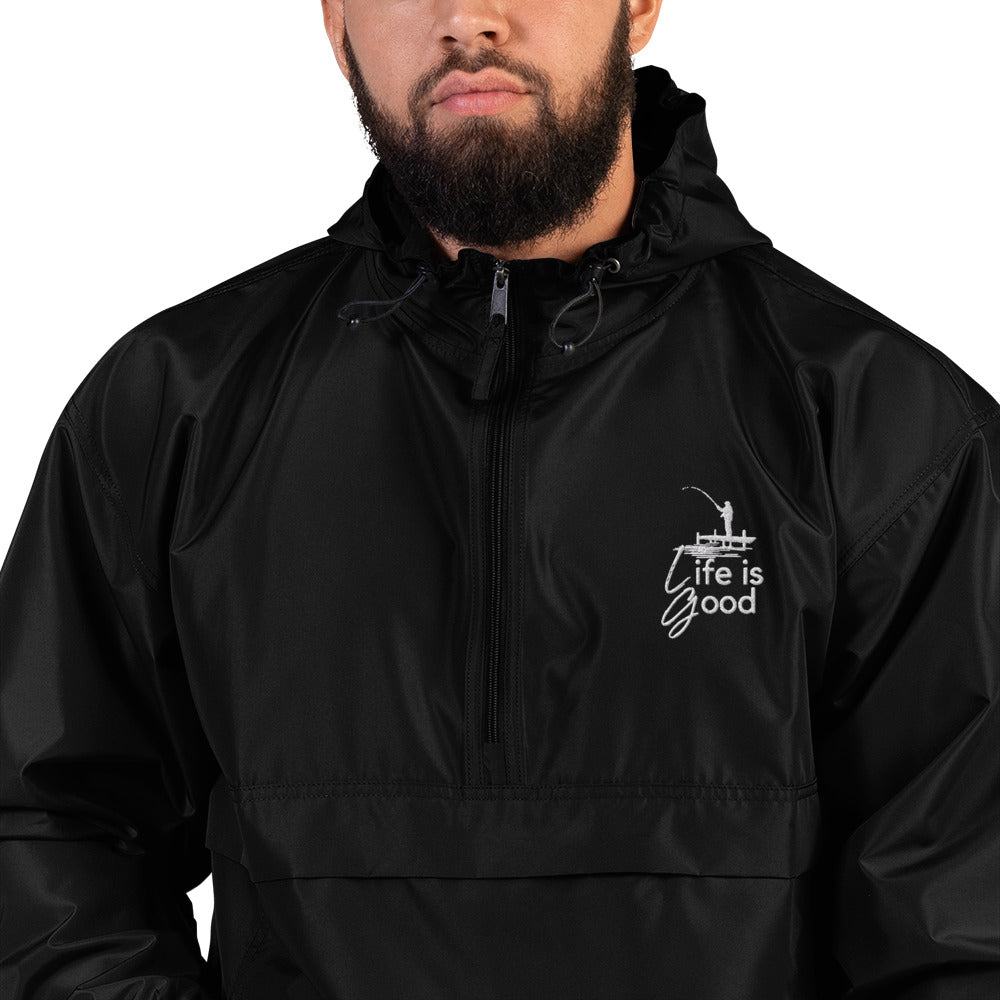 Embroidered Champion Packable Jacket - Life is Good Fisherman on a Dock