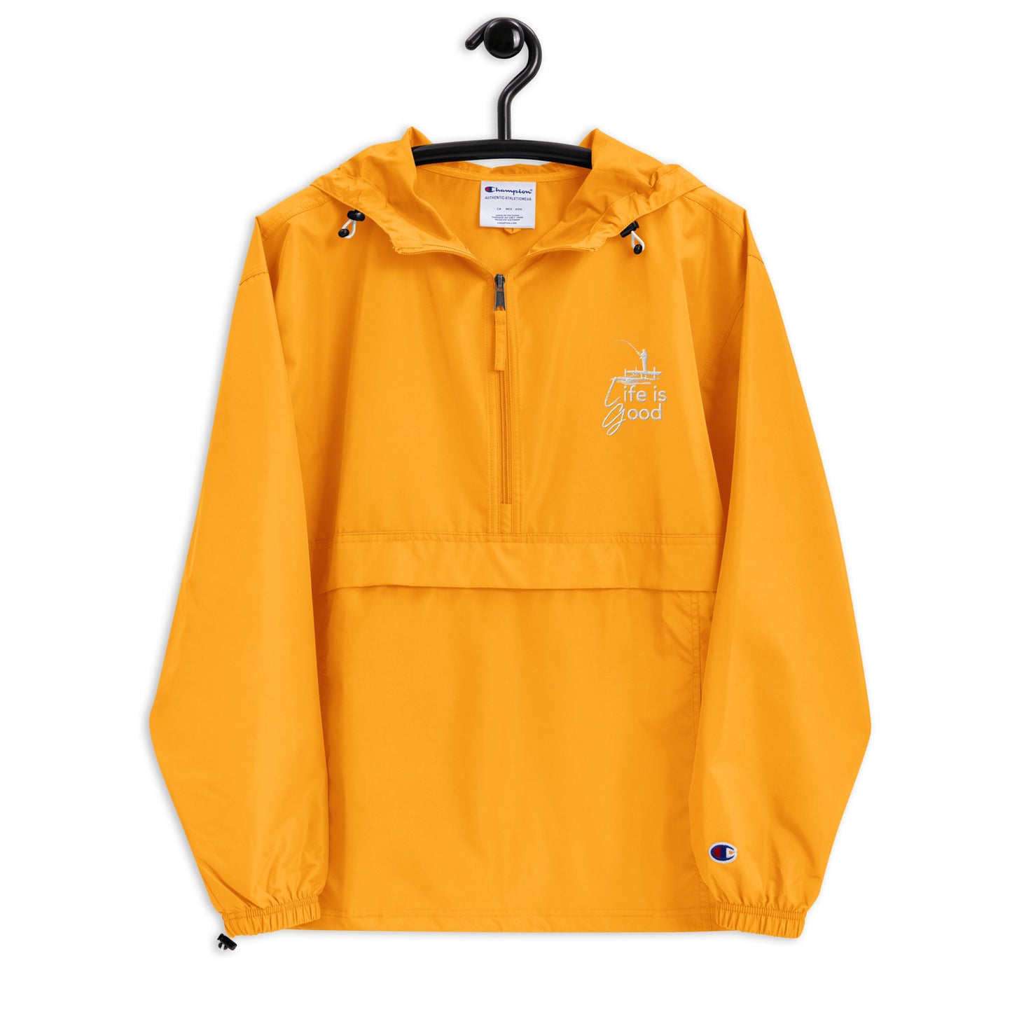 Embroidered Champion Packable Jacket - Life is Good Fisherman on a Dock