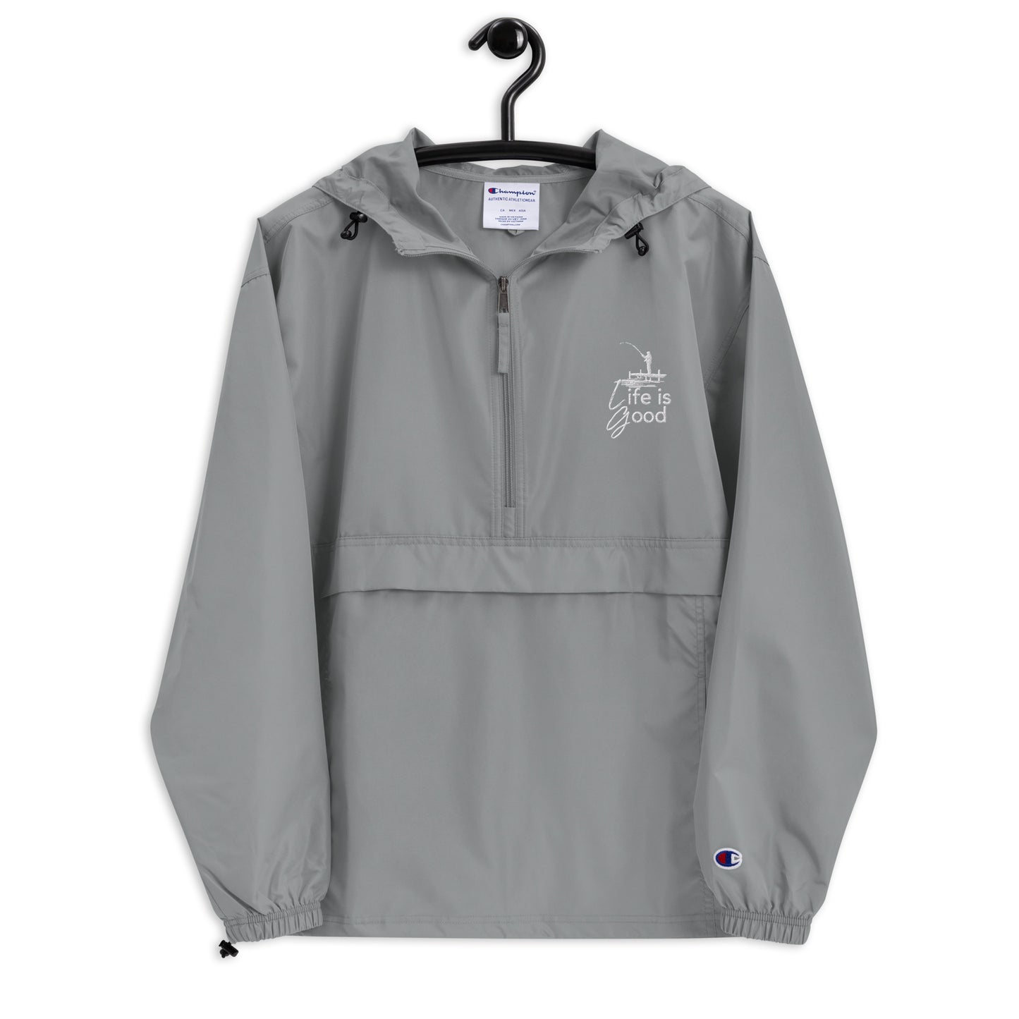 Embroidered Champion Packable Jacket - Life is Good Fisherman on a Dock