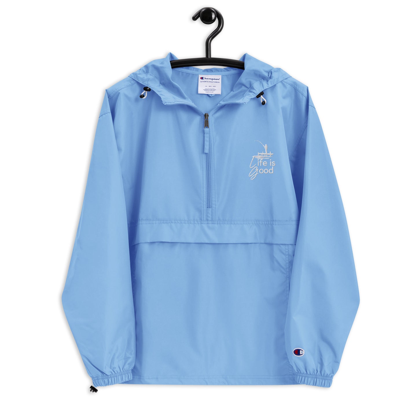 Embroidered Champion Packable Jacket - Life is Good Fisherman on a Dock