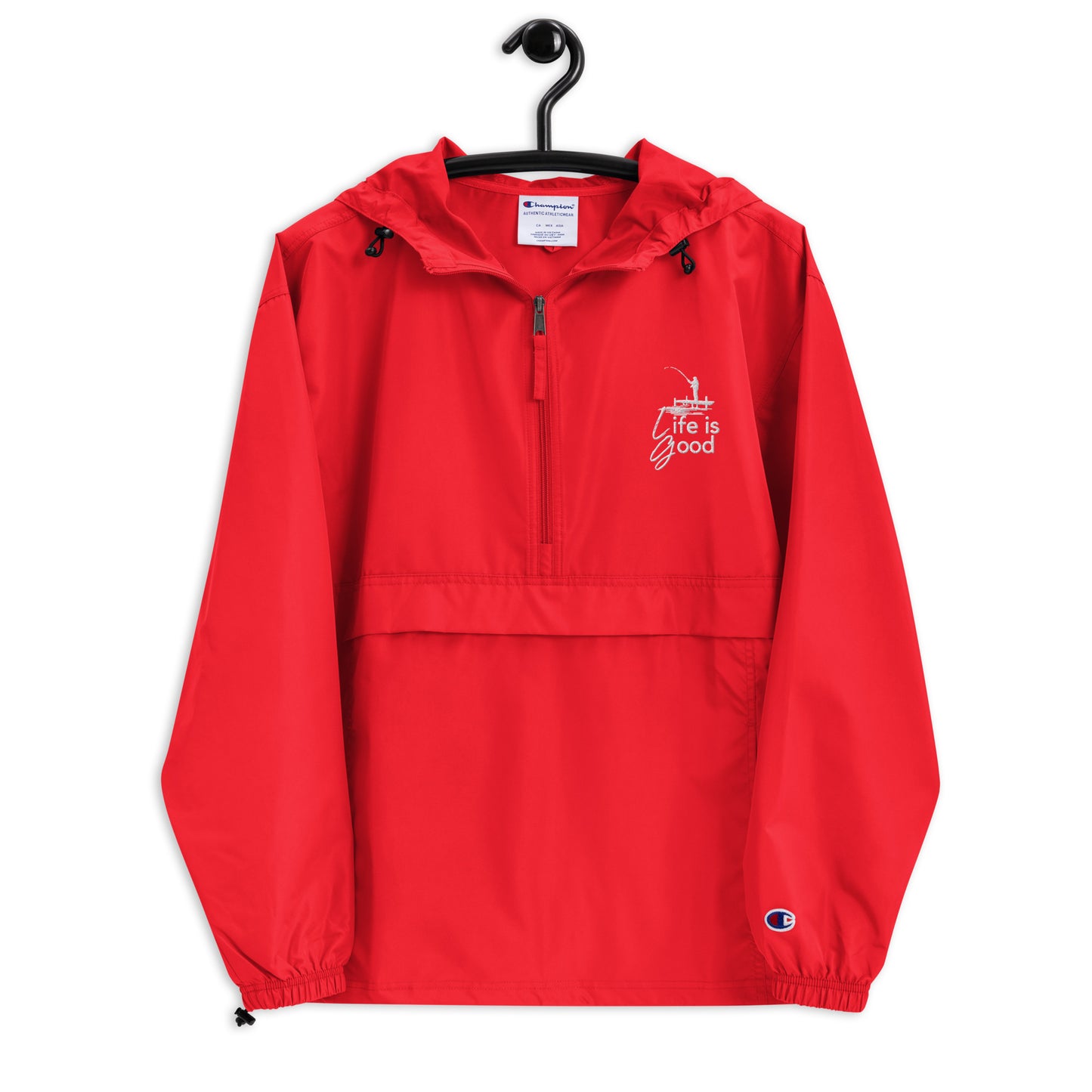 Embroidered Champion Packable Jacket - Life is Good Fisherman on a Dock