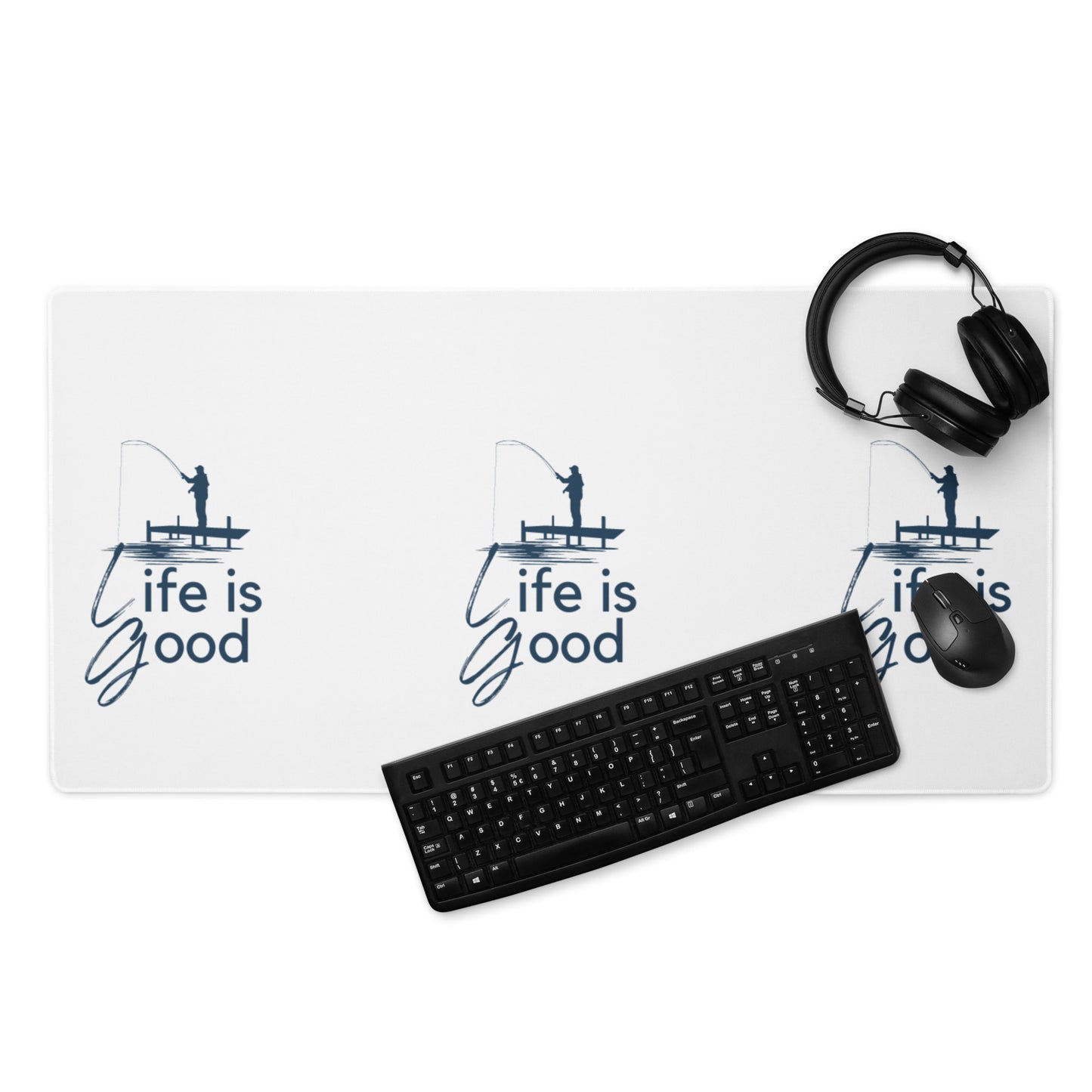 Life is Good blue fisherman on a dock Desk Mat / Gaming mouse pad