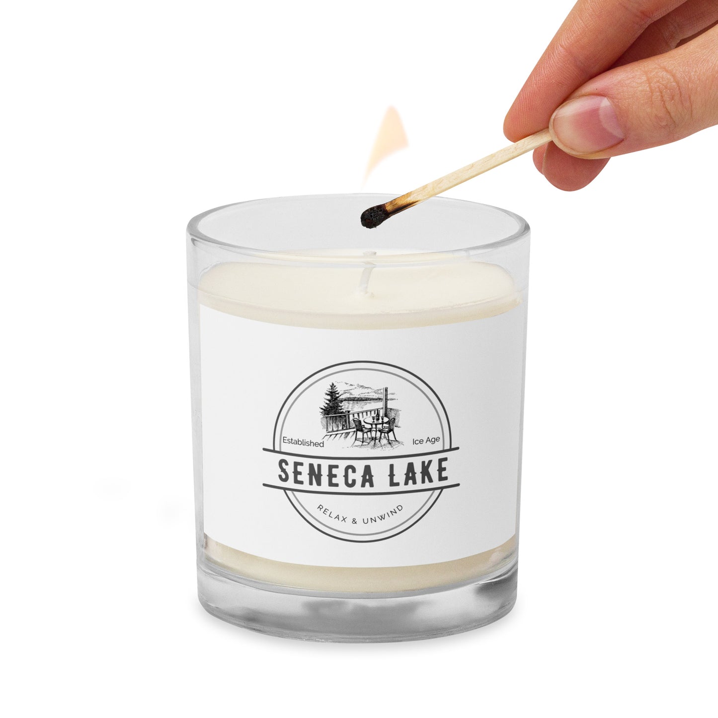 Glass jar soy wax candle - Seneca Lake view from a deck