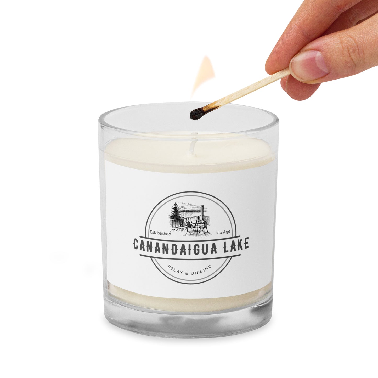 Glass jar soy wax candle - Canandaigua Lake view from a deck