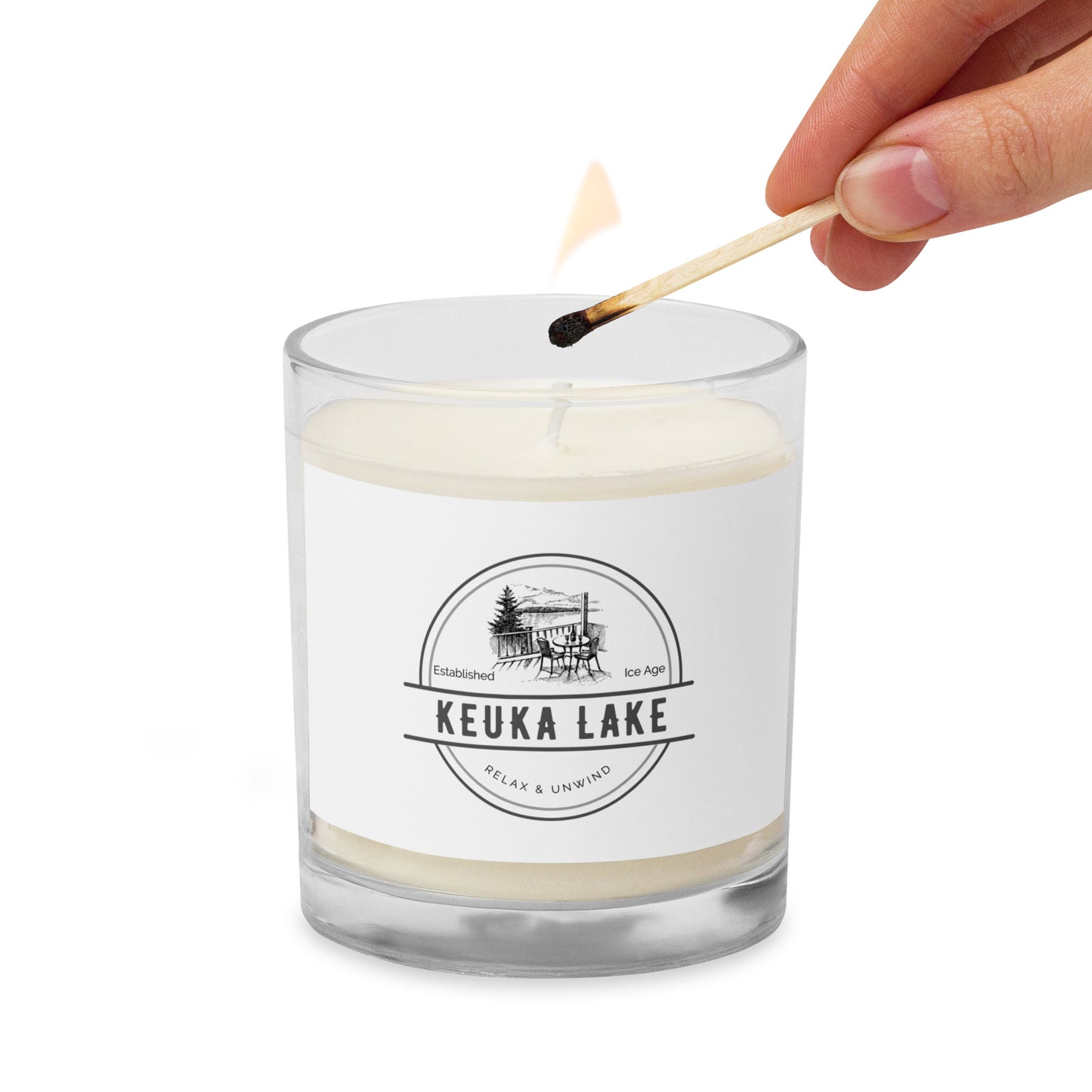 Glass jar soy wax candle - Keuka Lake view from a deck