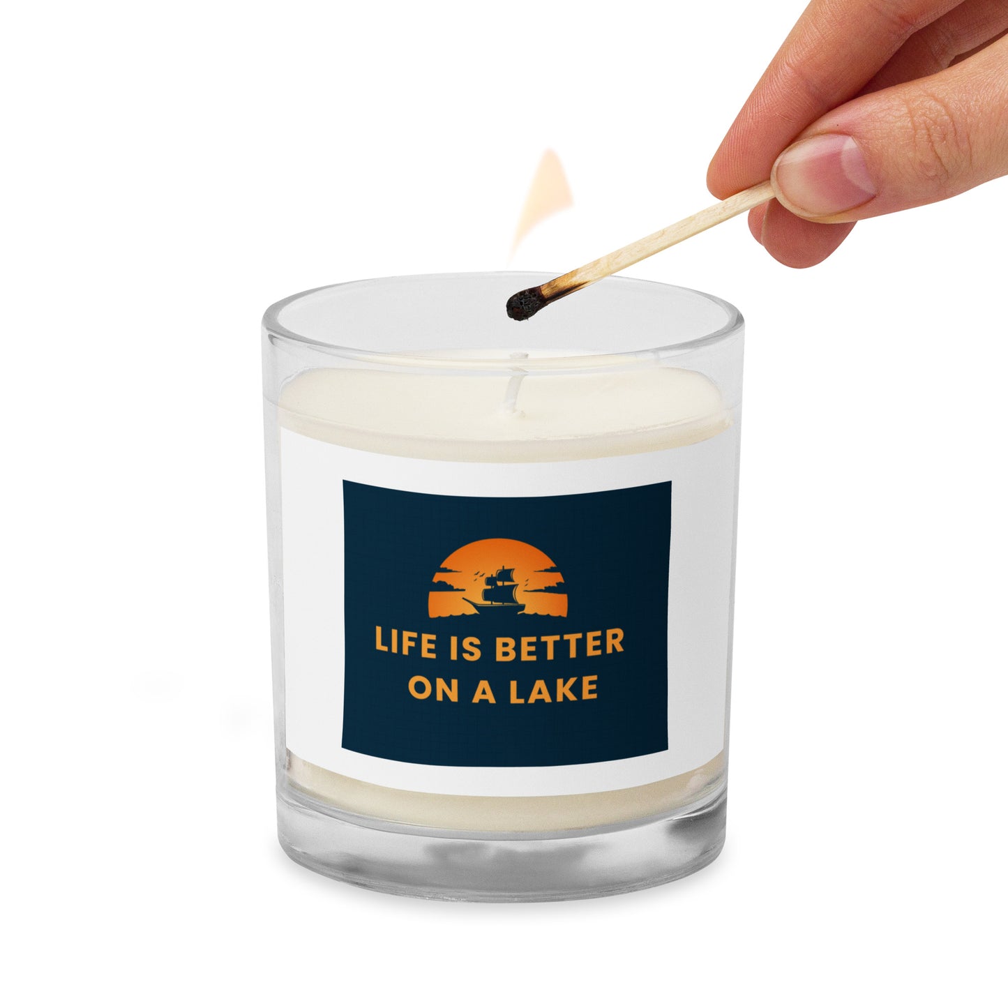 Glass jar soy wax candle - Life is Better on a Lake blue sailboat