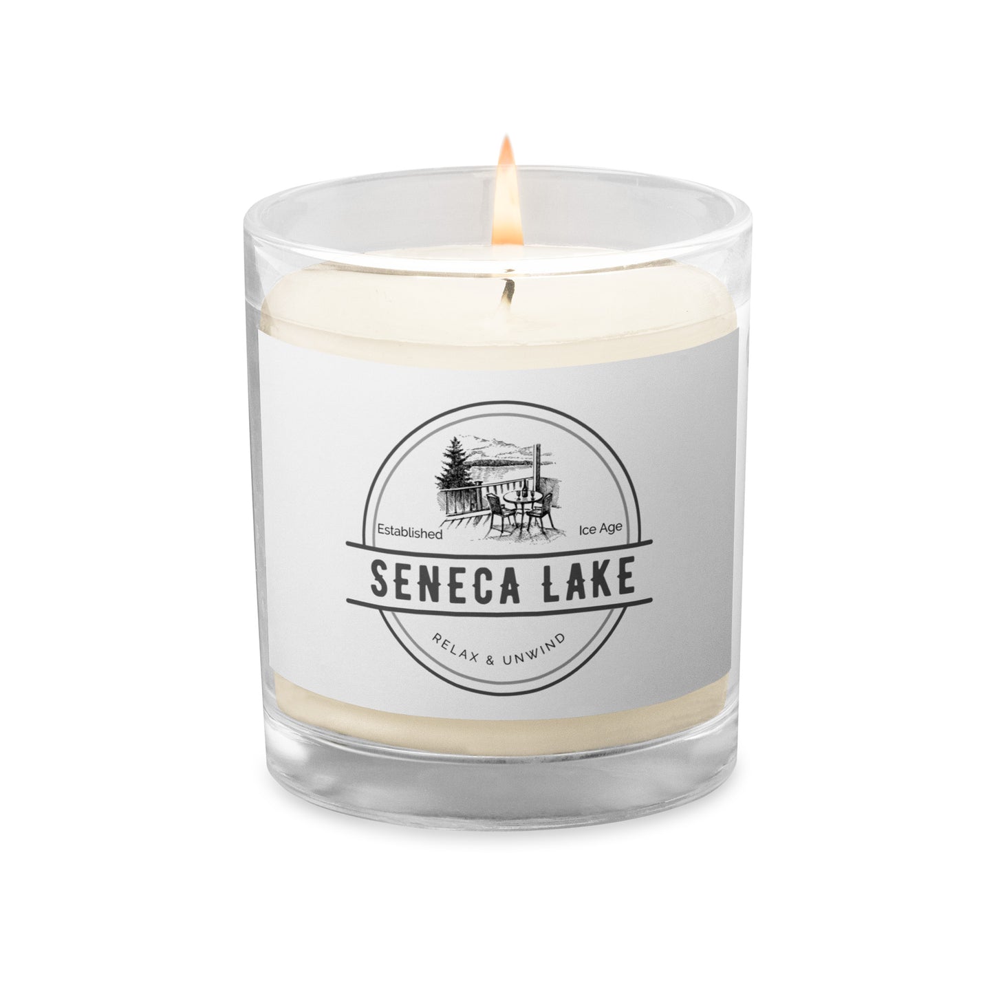 Glass jar soy wax candle - Seneca Lake view from a deck