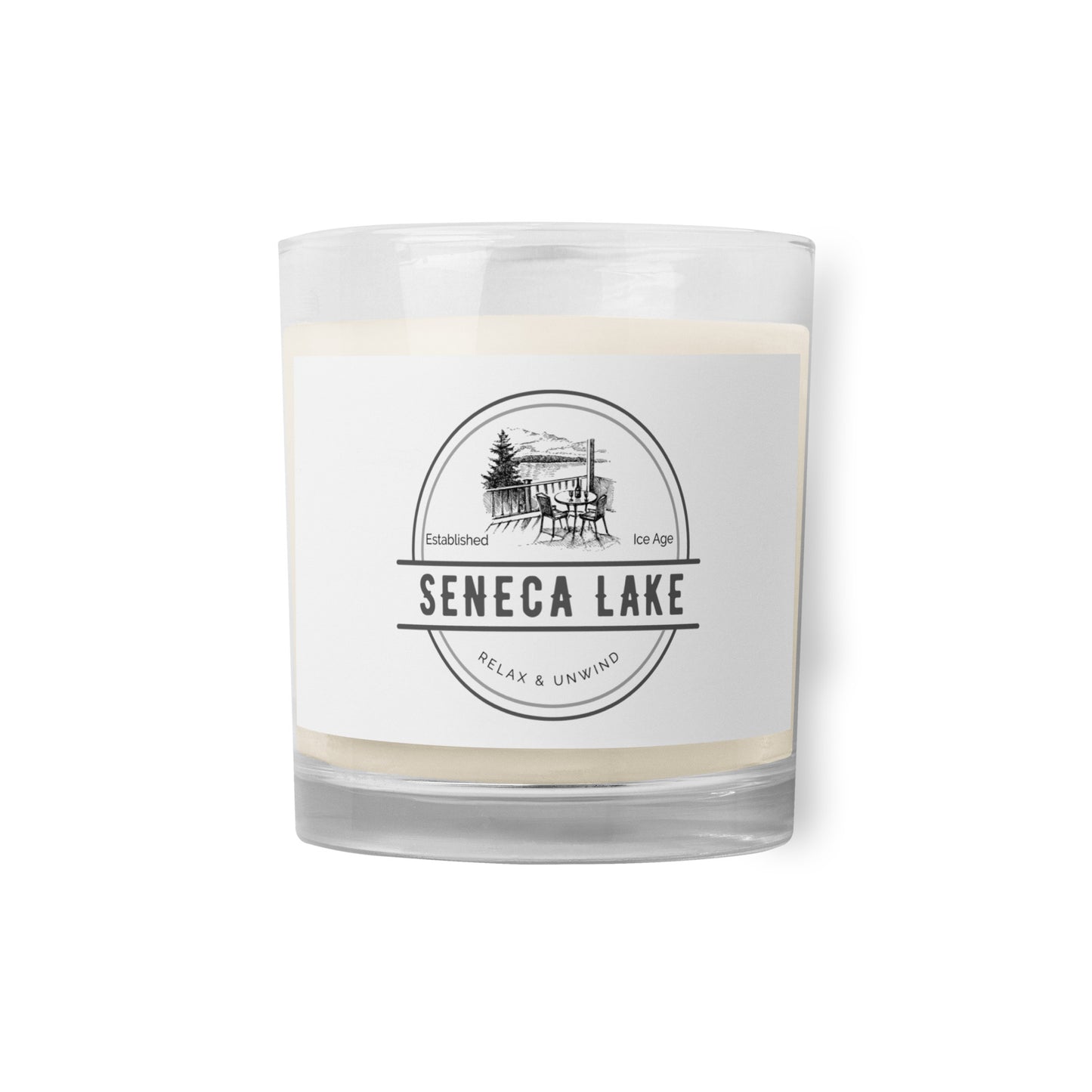 Glass jar soy wax candle - Seneca Lake view from a deck