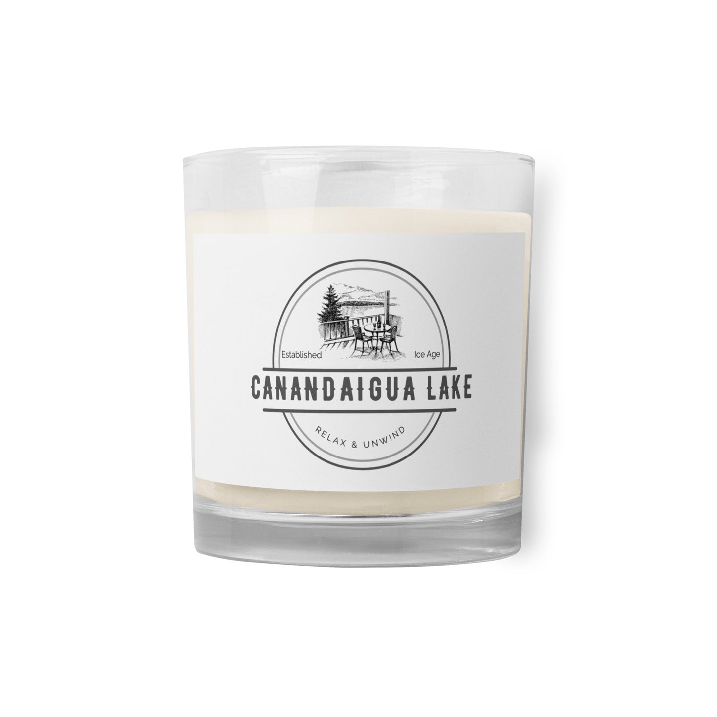 Glass jar soy wax candle - Canandaigua Lake view from a deck