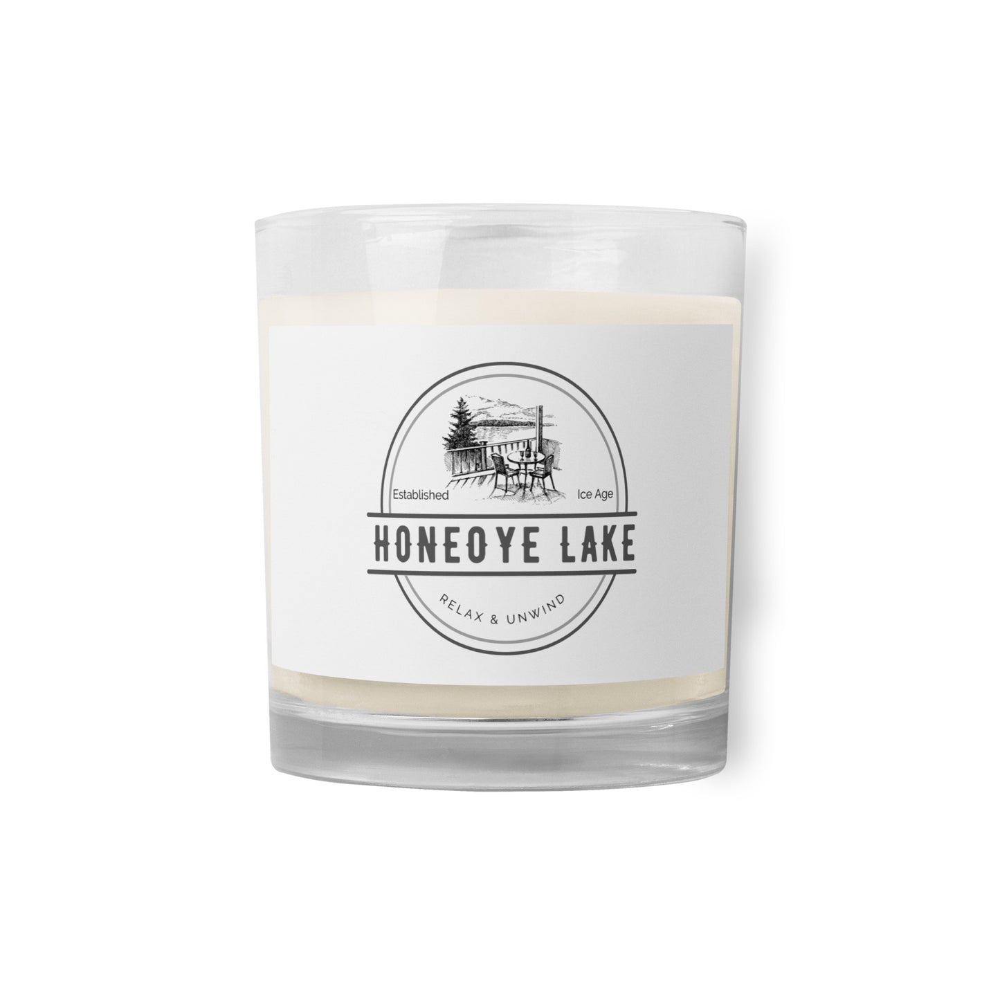 Glass jar soy wax candle - Honeoye Lake view from a deck