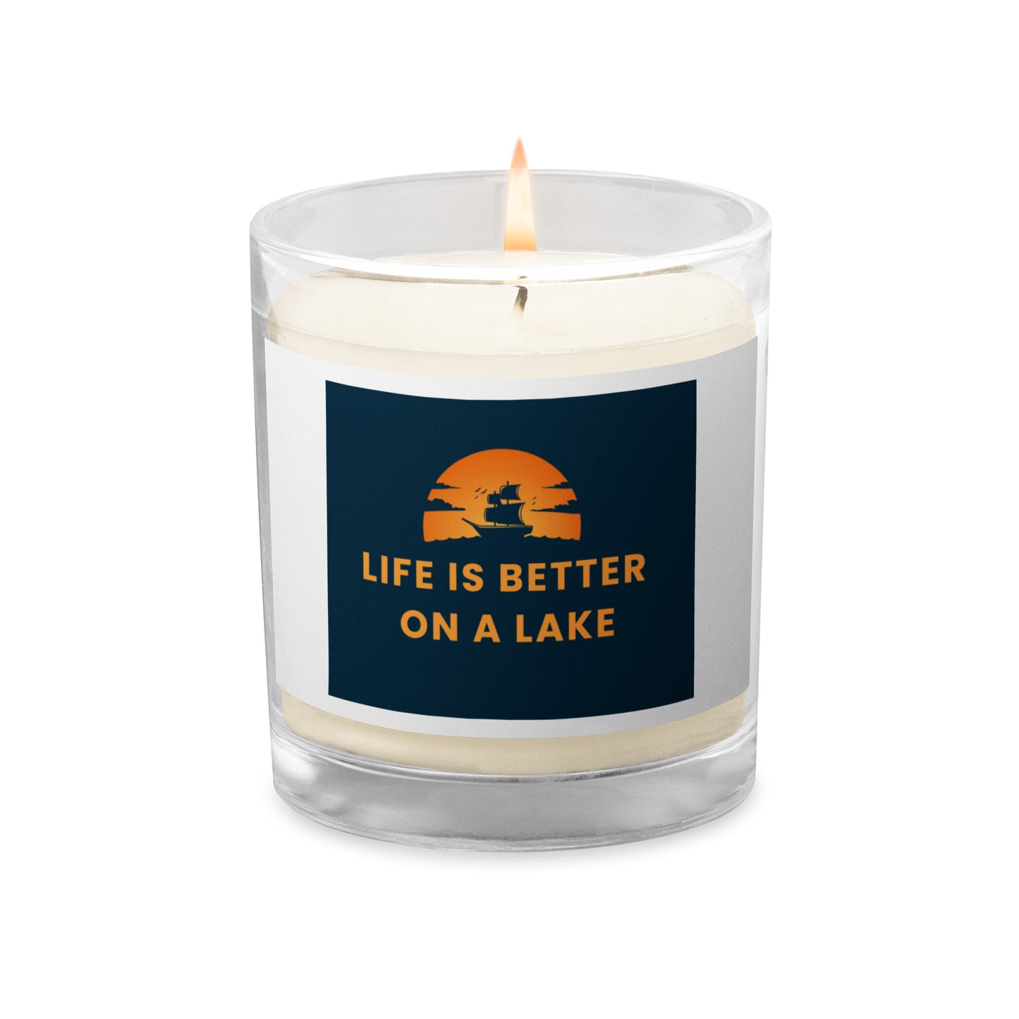 Glass jar soy wax candle - Life is Better on a Lake blue sailboat