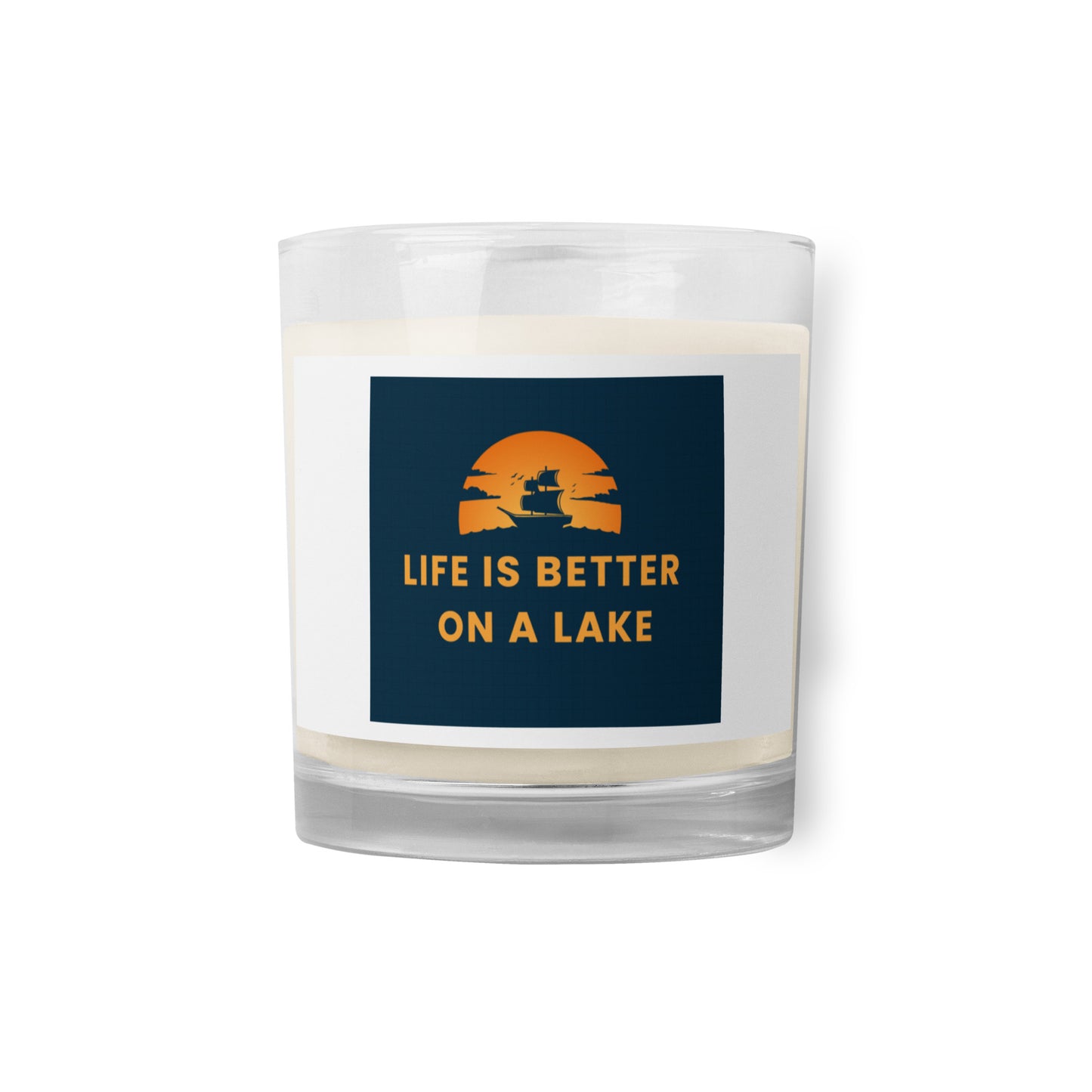 Glass jar soy wax candle - Life is Better on a Lake blue sailboat