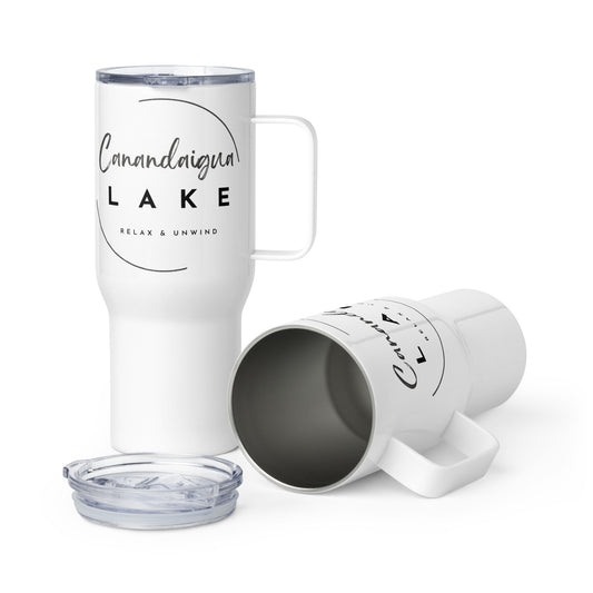 Canandaigua Lake Relax & Unwind travel mug with a handle