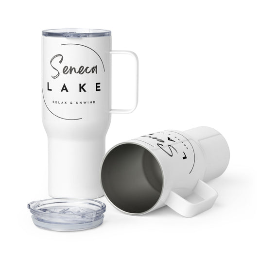 Seneca Lake Relax & Unwind travel mug with a handle