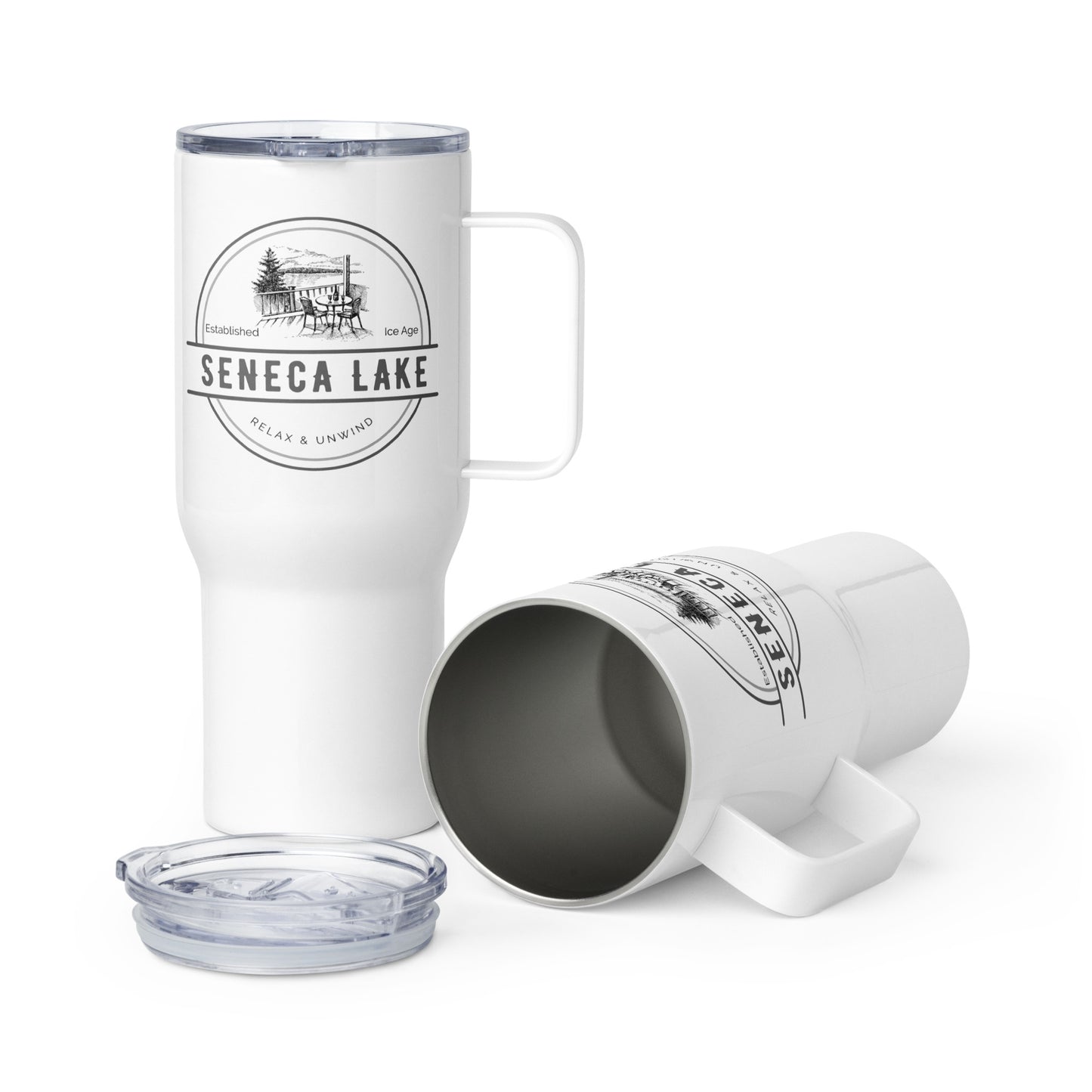 Seneca Lake View from a Deck travel mug with a handle