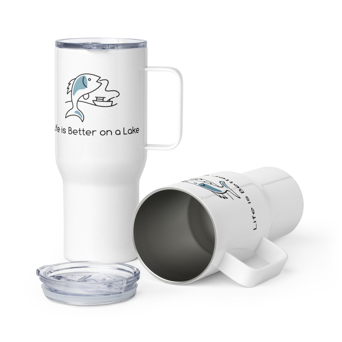 Life is Better on a Lake fish & boat travel mug with a handle