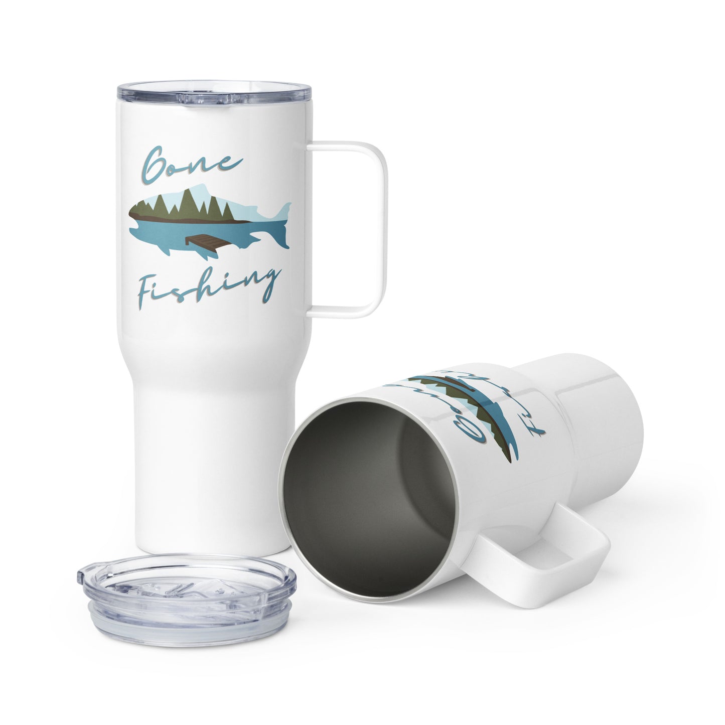 Gone Fishing travel mug with a handle