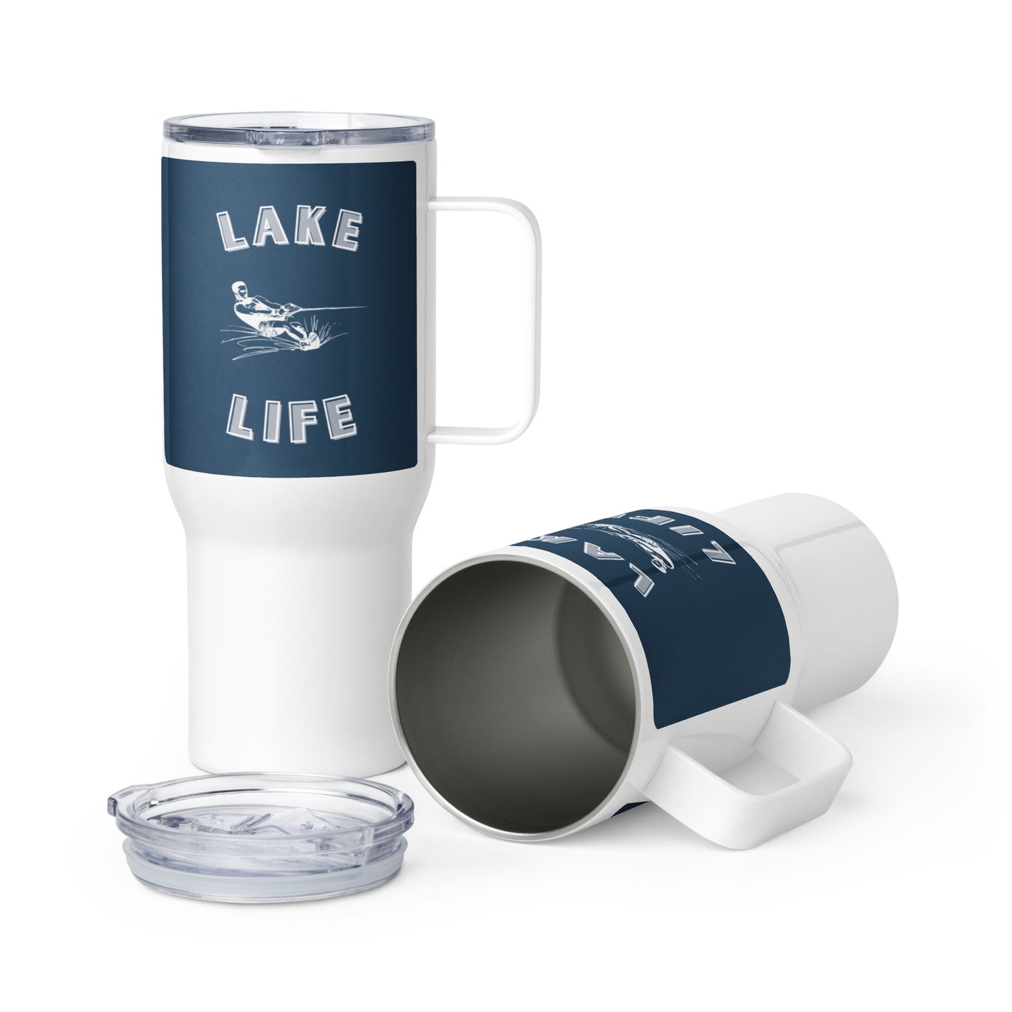 Lake Life waterskiing male travel mug with a handle