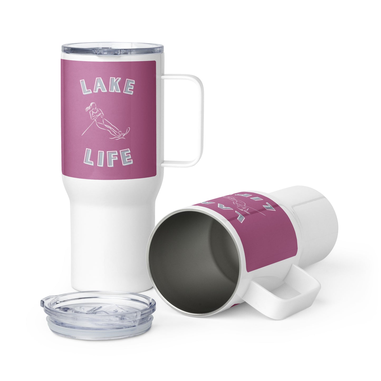 Lake Life waterskiing female travel mug with a handle